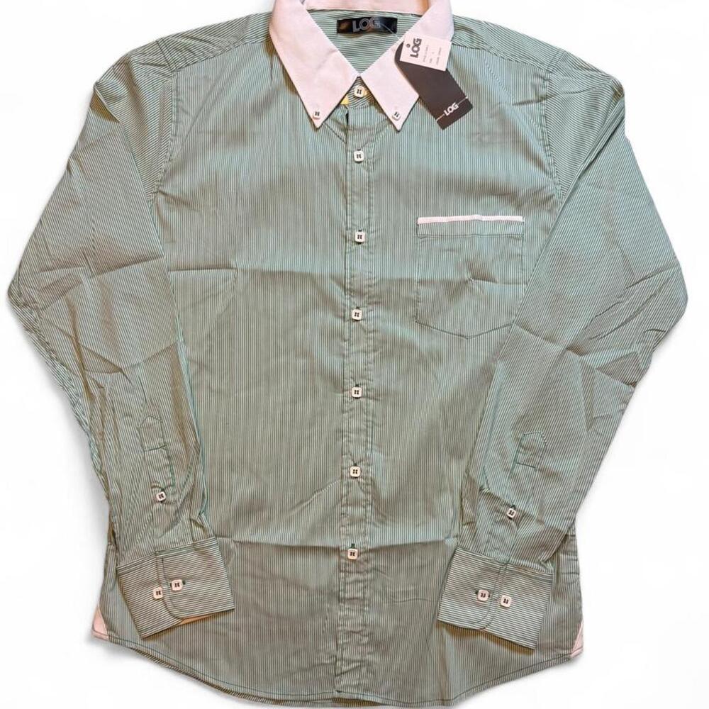 Log wear Green white striped button-up shirt with white collar and cuffs, size L